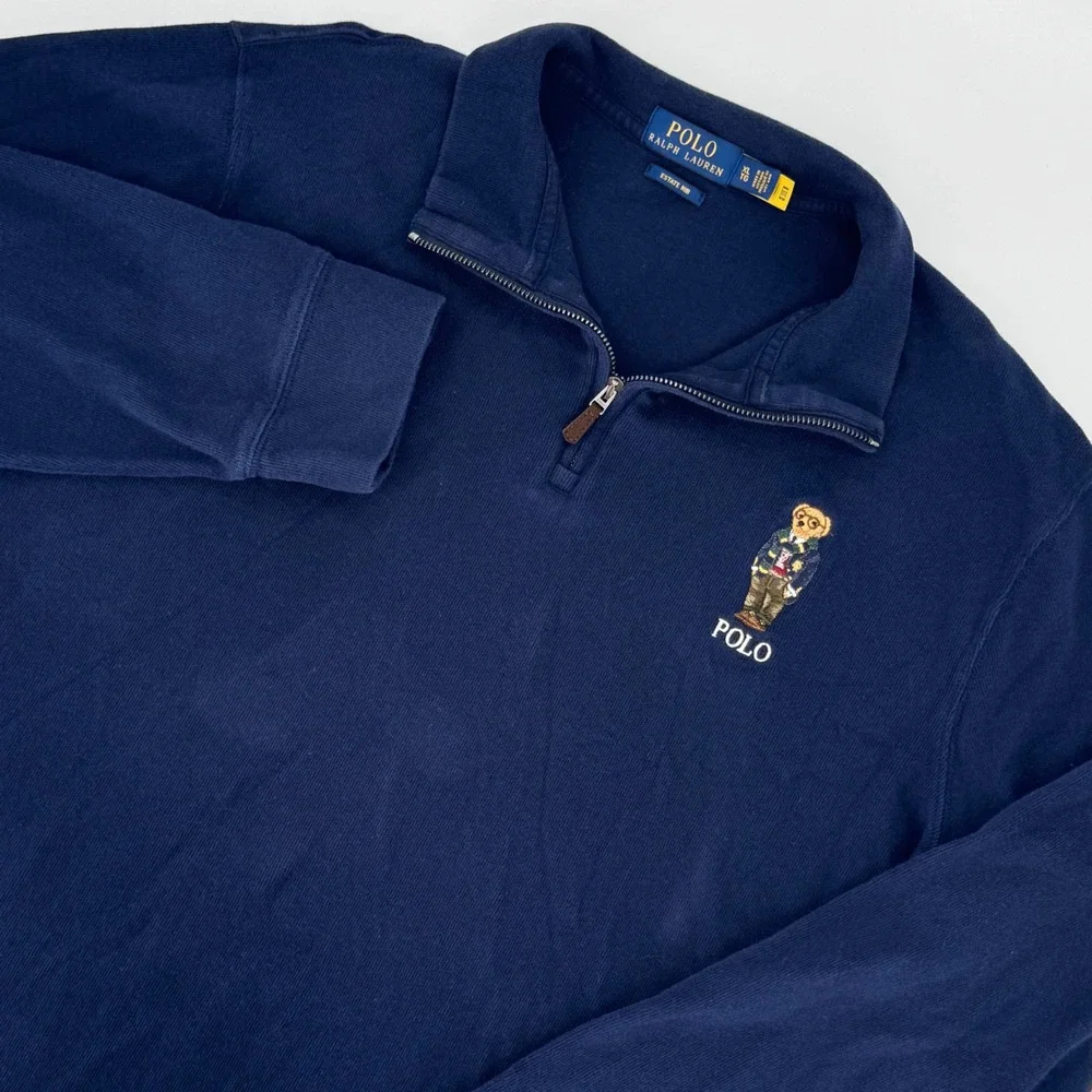 Polo Ralph Lauren Mens XL Navy Estate Rib Quarter Zip Polo Bear Pullover Sweater